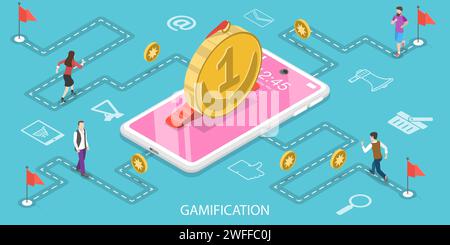 Concept de vecteur plat isométrique 3D de contenu interactif pour l'audience engageant, gamification d'application mobile, encourageant les clients à gagner des récompenses. Illustration de Vecteur