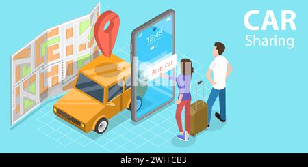 Concept de vecteur plat isométrique 3D de l'application de service de partage de voiture, mobilité partagée, modèle de roulement de véhicule pour de courtes périodes de temps. Illustration de Vecteur