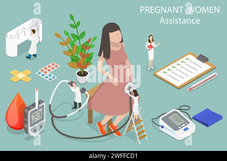 Illustration conceptuelle isométrique à vecteur plat 3D de l'assistance à la femme enceinte, de la santé maternelle et périnatale. Illustration de Vecteur