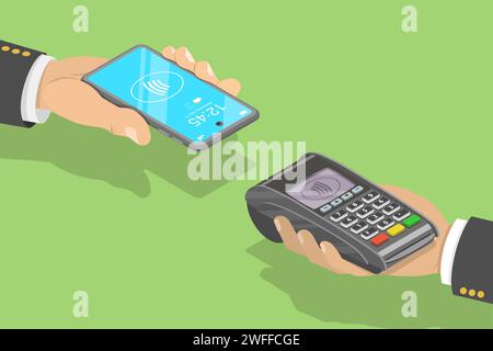 Concept de vecteur plat isométrique 3D de paiement sécurisé sans contact utilisant smartphone, technologie NFC. Illustration de Vecteur