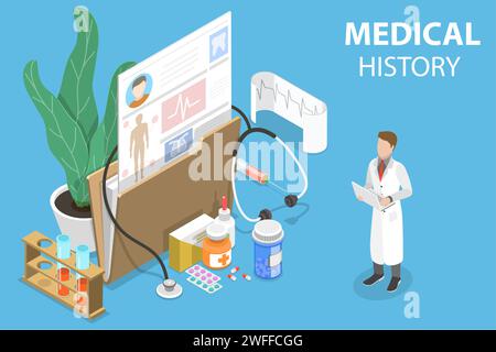 Illustration conceptuelle isométrique à vecteur plat 3D de l'histoire méciale, dossier de santé, prescription de médecin. Illustration de Vecteur