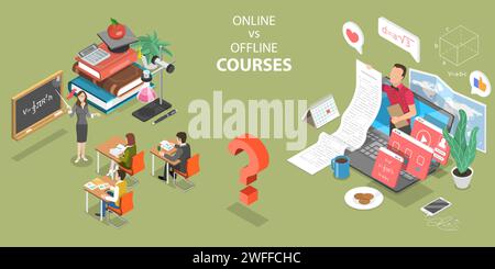 Concept de vecteur plat isométrique 3D des cours en ligne vs cours hors ligne, avantages et inconvénients des classes régulières et de l'enseignement à distance. Illustration de Vecteur