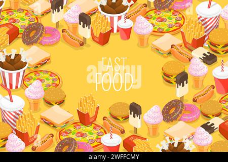 Fond de restauration rapide avec Hot Dog, boisson glacée, Burger, Donut, crème glacée, pizza, frites, poulet frit. Illustration vectorielle isométrique plate 3D. Illustration de Vecteur