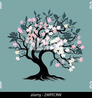 Sapin sakura en fleurs. Dessin à la main. Pas IA. Illustration vectorielle Illustration de Vecteur