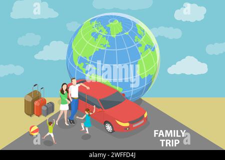 Illustration conceptuelle de vecteur plat isométrique 3D de voyage en famille en voiture, famille heureuse en vacances. Illustration de Vecteur