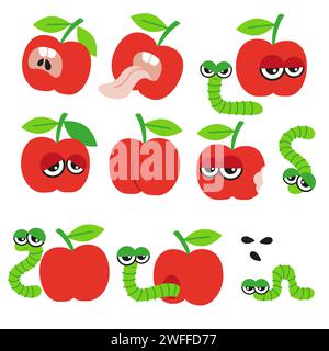 Pomme folle rouge et chenille sur fond blanc. Paquet d'illustration vectorielle dessinée à la main dans un style de bande dessinée Illustration de Vecteur