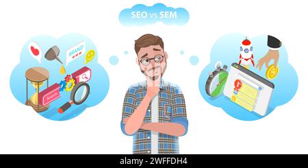 Illustration conceptuelle vectorielle de SEO vs SEM, différence entre l'optimisation des moteurs de recherche et le marketing des moteurs de recherche. Illustration de Vecteur