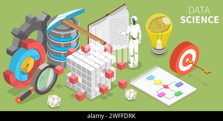 Science des données, méthodes scientifiques, processus, algorithmes et systèmes pour extraire des connaissances et des informations de nombreuses données structurelles et non structurées. 3D I Illustration de Vecteur
