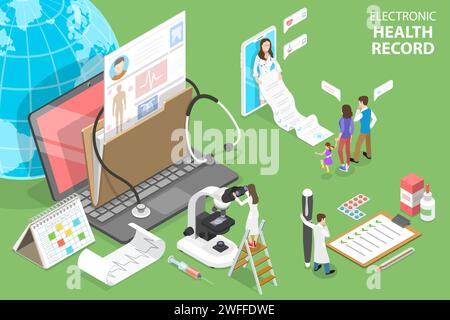 Illustration conceptuelle isométrique à vecteur plat 3D de DSE - dossier de santé électronique, informations sur la santé des patients stockées électroniquement. Illustration de Vecteur