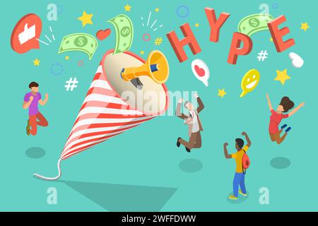 Illustration conceptuelle isométrique à vecteur plat 3D de la stratégie marketing de hype. Illustration de Vecteur