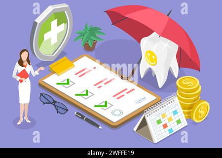 Illustration conceptuelle isométrique à vecteur plat 3D de la police d'assurance dentaire et du calcul des coûts. Illustration de Vecteur