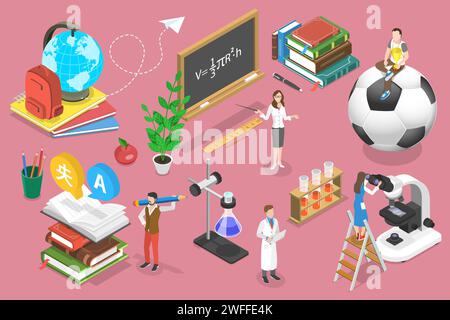 Illustration conceptuelle à vecteur plat isométrique 3D des enseignants avec des outils éducatifs. Les disciplines montrées sont mathématiques, chimie, biologie, la étranger Illustration de Vecteur