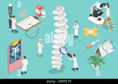 Illustration conceptuelle isométrique à vecteur plat 3D du diagnostic et du traitement des troubles rachidiens. Illustration de Vecteur