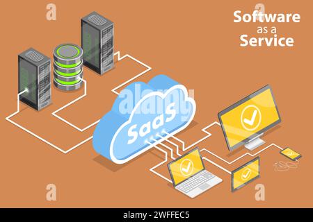 Illustration conceptuelle isométrique à vecteur plat 3D de Saas - logiciels en tant que service, technologies de cloud computing. Illustration de Vecteur