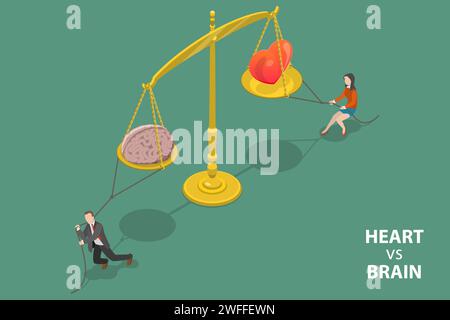 Illustration conceptuelle isométrique à vecteur plat 3D du cerveau contre le cœur, des instincts émotionnels et de l'équilibre logique. Illustration de Vecteur