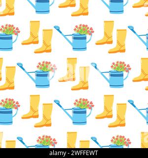 Modèle sans couture avec des bottes en caoutchouc et arrosoir avec des fleurs. Outils de jardin de printemps dessinés à la main, équipement agricole, concept d'horticulture Illustration de Vecteur