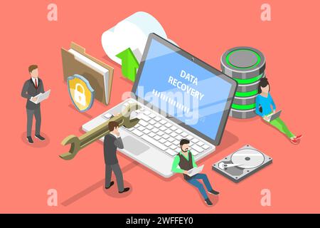 Concept isométrique de vecteur plat de services de récupération de données, sauvegarde et protection de données, réparation de matériel. Illustration de Vecteur