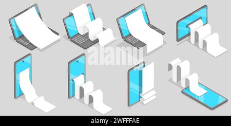 Illustration conceptuelle isométrique à vecteur plat 3D de paiement de facture, banque en ligne, modèle de reçus devant le téléphone portable, l'ordinateur portable et l'ordinateur M. Illustration de Vecteur