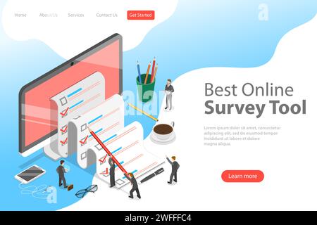 Modèle de page de destination vectorielle isométrique plat de l'outil de sondage en ligne, avis de client, service de rétroaction, satisfaction de la clientèle. Illustration de Vecteur