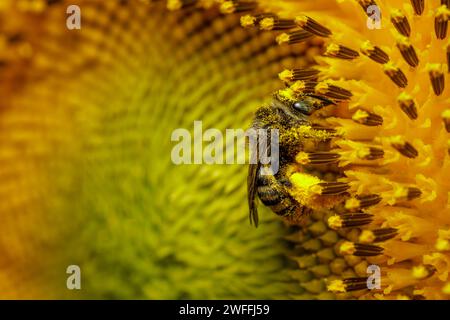 Détail d'une abeille sur un tournesol. Banque D'Images