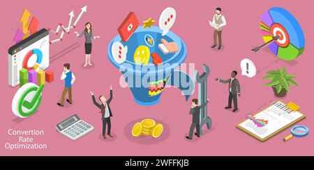 Illustration conceptuelle isométrique à vecteur plat 3D de l'optimisation du taux de conversion, stratégie marketing de génération de leads. Illustration de Vecteur