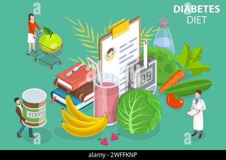 Illustration conceptuelle isométrique à vecteur plat 3D de la nourriture diabétique, régime de prévention du diabète Illustration de Vecteur