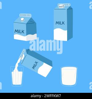 Ensemble de paquets de lait et verre. Illustration vectorielle de produit laitier dans un style plat Illustration de Vecteur