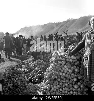 Vendeurs et acheteurs à une foire de campagne dans le comté de Vrancea, Roumanie, env. 1979. Banque D'Images