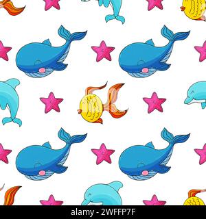 Motif marin créatif sans couture. Baleines et leurs amis. Modèle dans le style de dessin à la main, créé pour les tissus, etc Illustration de Vecteur