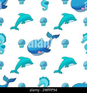 Motif marin créatif sans couture. Baleines et leurs amis. Modèle dans le style de dessin à la main, créé pour les tissus, textiles, papier d'emballage, emballage, chil Illustration de Vecteur
