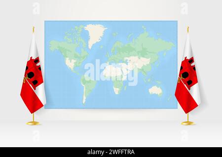 Carte du monde entre deux drapeaux suspendus de Gibraltar sur stand de drapeau. Illustration vectorielle pour réunion diplomatique, conférence de presse et autres. Illustration de Vecteur