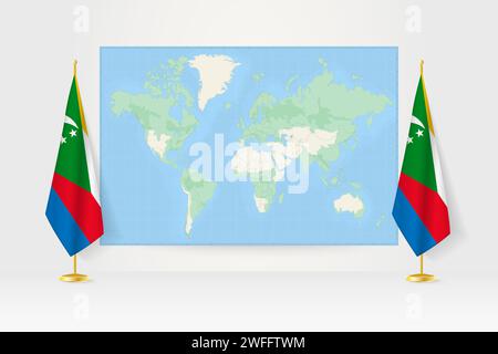 Carte du monde entre deux drapeaux suspendus des Comores sur le stand de drapeau. Illustration vectorielle pour réunion diplomatique, conférence de presse et autres. Illustration de Vecteur