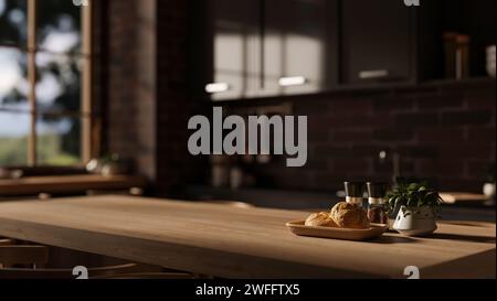 Un espace pour exposer votre produit sur une table à manger en bois franc dans une cuisine moderne et sombre. gros plan. rendu 3d, illustration 3d. Banque D'Images