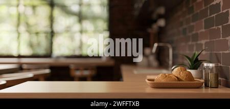 Un espace pour exposer votre produit sur un comptoir de cuisine en bois franc dans une cuisine moderne et sombre. gros plan. rendu 3d, illustration 3d. Banque D'Images