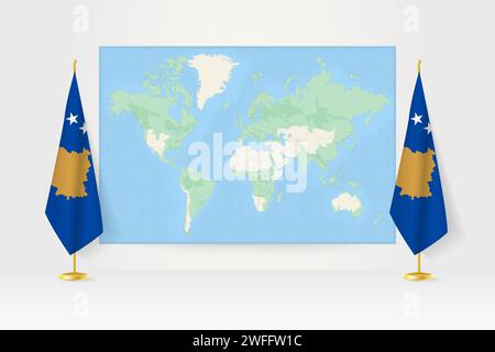 Carte du monde entre deux drapeaux suspendus du Kosovo sur le stand de drapeau. Illustration vectorielle pour réunion diplomatique, conférence de presse et autres. Illustration de Vecteur