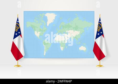 Carte du monde entre deux drapeaux suspendus de la Géorgie sur le stand de drapeau. Illustration vectorielle pour réunion diplomatique, conférence de presse et autres. Illustration de Vecteur