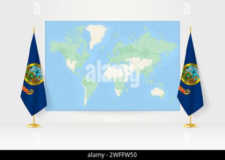 Carte du monde entre deux drapeaux suspendus de l'Idaho sur le stand de drapeau. Illustration vectorielle pour réunion diplomatique, conférence de presse et autres. Illustration de Vecteur