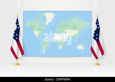 Carte du monde entre deux drapeaux suspendus de l'Ohio sur le stand de drapeau. Illustration vectorielle pour réunion diplomatique, conférence de presse et autres. Illustration de Vecteur