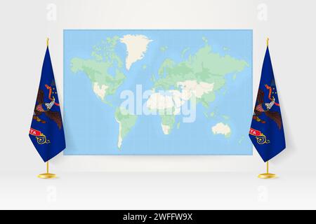 Carte du monde entre deux drapeaux suspendus du Dakota du Nord sur le stand de drapeau. Illustration vectorielle pour réunion diplomatique, conférence de presse et autres. Illustration de Vecteur