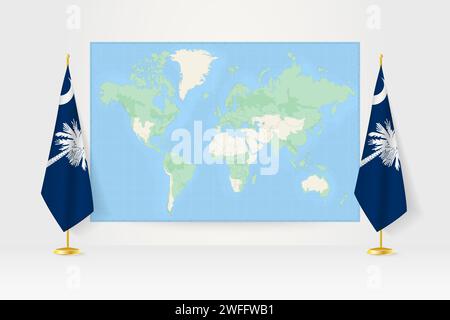 Carte du monde entre deux drapeaux suspendus de Caroline du Sud sur le stand de drapeau. Illustration vectorielle pour réunion diplomatique, conférence de presse et autres. Illustration de Vecteur