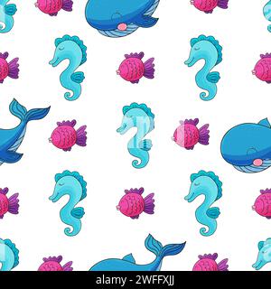 Motif marin créatif sans couture. Baleines et leurs amis. Modèle dans le style de dessin à la main, créé pour les tissus, les textiles, etc Illustration de Vecteur