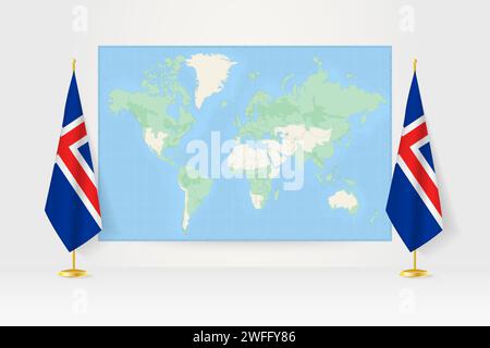 Carte du monde entre deux drapeaux suspendus de l'Islande sur le stand de drapeau. Illustration vectorielle pour réunion diplomatique, conférence de presse et autres. Illustration de Vecteur