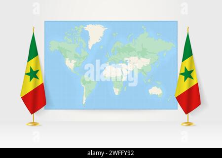 Carte du monde entre deux drapeaux suspendus du Sénégal sur le stand de drapeau. Illustration vectorielle pour réunion diplomatique, conférence de presse et autres. Illustration de Vecteur