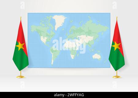 Carte du monde entre deux drapeaux suspendus du Burkina Faso sur stand de drapeau. Illustration vectorielle pour réunion diplomatique, conférence de presse et autres. Illustration de Vecteur