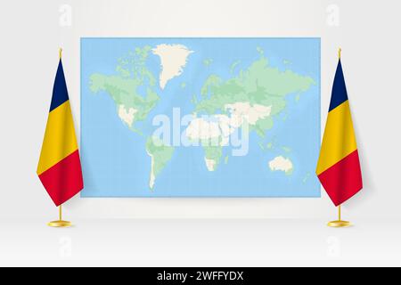 Carte du monde entre deux drapeaux suspendus du Tchad sur le stand de drapeau. Illustration vectorielle pour réunion diplomatique, conférence de presse et autres. Illustration de Vecteur