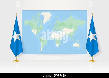 Carte du monde entre deux drapeaux suspendus de la Somalie sur le stand de drapeau. Illustration vectorielle pour réunion diplomatique, conférence de presse et autres. Illustration de Vecteur