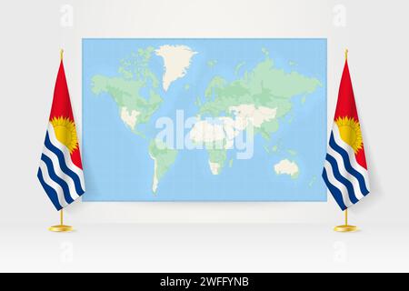 Carte du monde entre deux drapeaux suspendus de Kiribati sur le stand de drapeau. Illustration vectorielle pour réunion diplomatique, conférence de presse et autres. Illustration de Vecteur