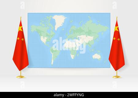 Carte du monde entre deux drapeaux suspendus de la Chine sur le stand de drapeau. Illustration vectorielle pour réunion diplomatique, conférence de presse et autres. Illustration de Vecteur