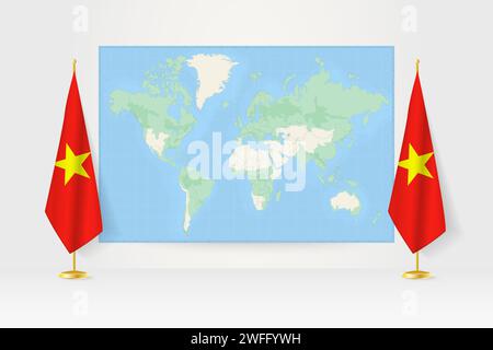 Carte du monde entre deux drapeaux suspendus du Vietnam sur le stand de drapeau. Illustration vectorielle pour réunion diplomatique, conférence de presse et autres. Illustration de Vecteur