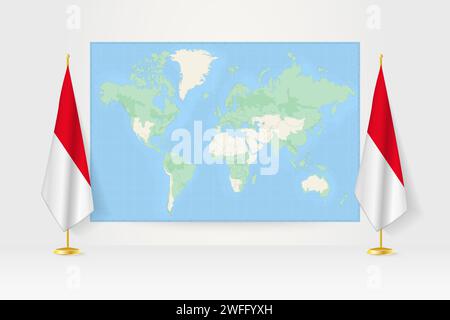 Carte du monde entre deux drapeaux suspendus de l'Indonésie sur le stand de drapeau. Illustration vectorielle pour réunion diplomatique, conférence de presse et autres. Illustration de Vecteur